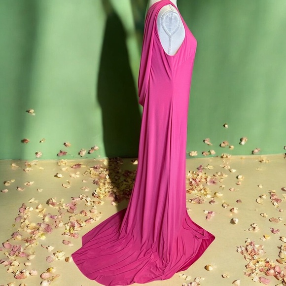 NWT IEENA for Mac Duggal ‘Jersey One Shoulder Draped Back Gown’ in Candy Pink 10 - Picture 11 of 16
